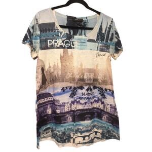 Style & Co Rhinestone European Landmarks Collage Round Neck Novelty Top M